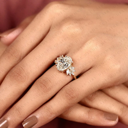 Oval Cut Lab Grown Diamond Engagement Ring | Floral Cluster Side Stone Ring | Yellow Gold Nature Inspired Bridal Jewelry | Elegant Statement Wedding Ring