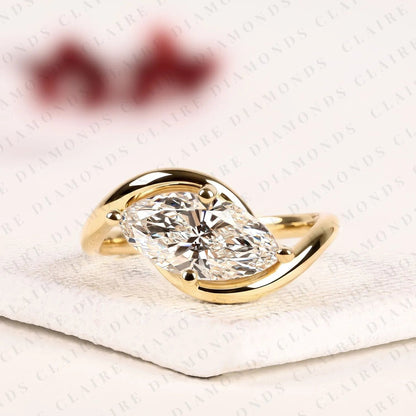 Modern Marquise Cut Lab Grown Diamond Ring | East West Diamond Ring | Elegant Yellow Gold Solitaire Engagement Ring