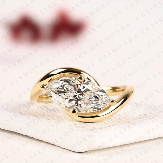 Modern Marquise Cut Moissanite Diamond Ring | East West Diamond Ring | Elegant Yellow Gold Solitaire Engagement Ring