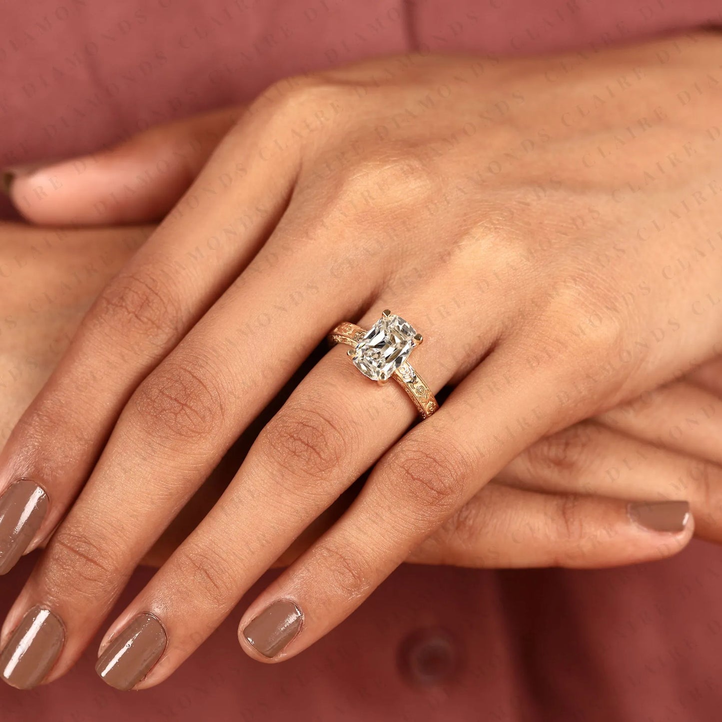 vintage old mine cushion cut solitaire lab grown diamond ring | floral engraved yellow gold engagement ring