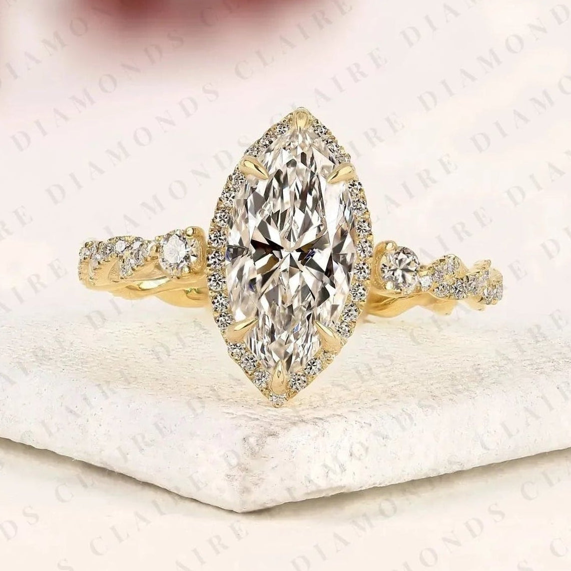 marquise cut moissanite diamond halo engagement ring twisted pavé diamond band ring vintage inspired bridal ring for women