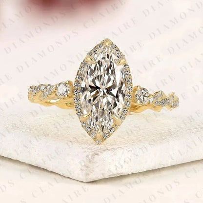 Marquise Cut Moissanite Diamond Halo Engagement Ring Twisted Pavé Diamond Band Ring Vintage Inspired Bridal Ring for Women