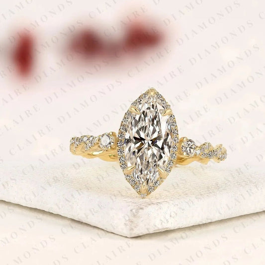 Marquise Cut Moissanite Diamond Halo Engagement Ring Twisted Pavé Diamond Band Ring Vintage Inspired Bridal Ring for Women