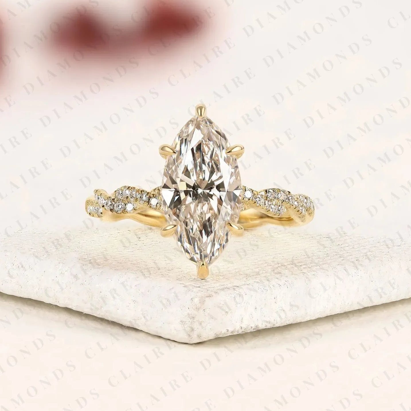 vintage-inspired marquise cut lab grown diamond engagement ring in gold – twisted pavé band solitaire ring