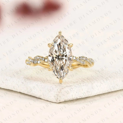 Vintage-Inspired Marquise Cut Lab Grown Diamond Engagement Ring in Gold – Twisted Pavé Band Solitaire Ring