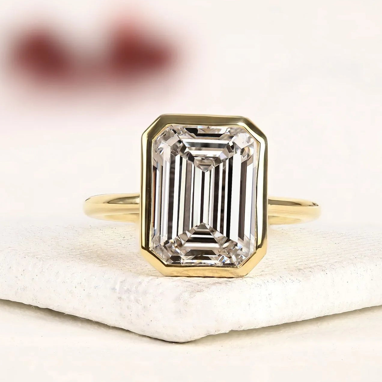 emerald cut moissanite diamond engagement ring, bezel set solitaire ring, igi certified diamond ring, minimalist gold wedding ring