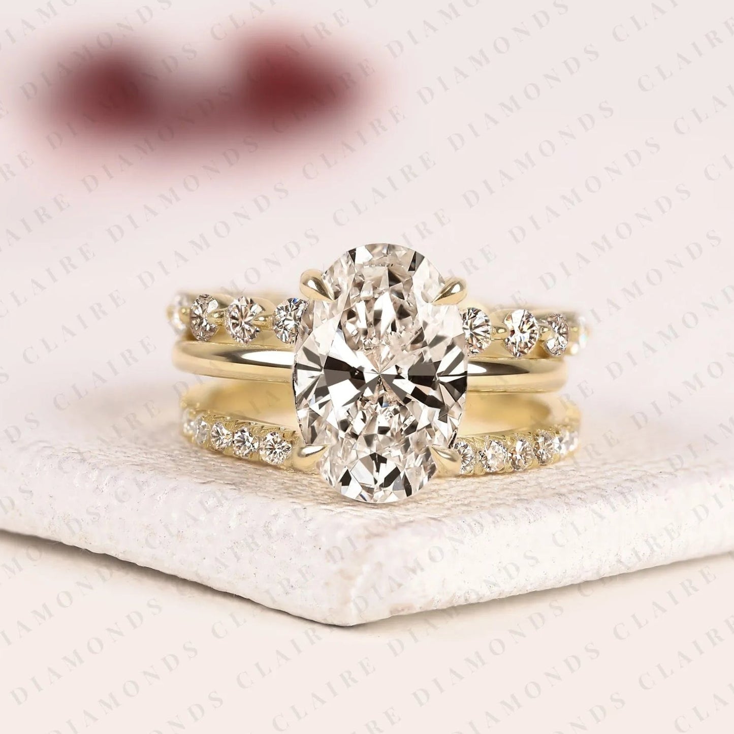 oval lab grown diamond engagement ring set with diamond eternity & bubble band in yellow gold