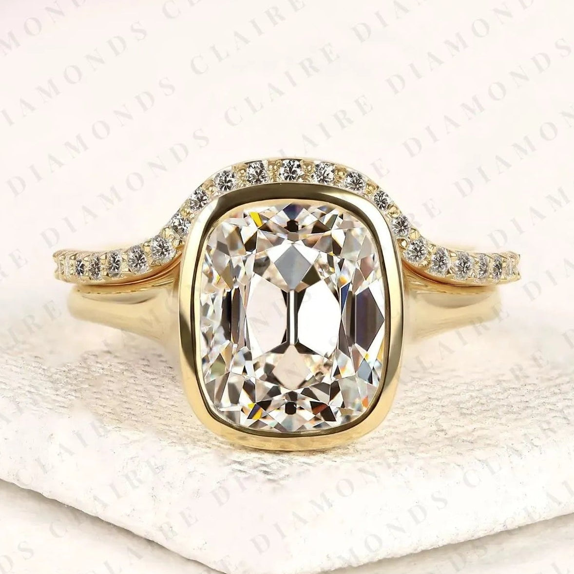 elongated cushion cut lab grown diamond engagement ring old mine cut bezel set bridal ring wedding set for women
