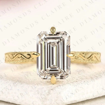 Emerald Cut Lab Grown Diamond Engagement Ring, Vintage Engraved Gold Solitaire Ring, IGI Certified Diamond Ring, Unique Bridal Ring