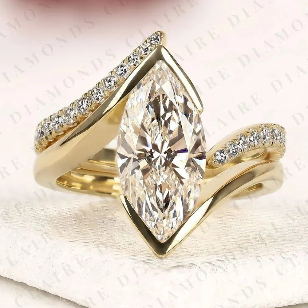 marquise lab grown diamond bypass ring bezel ring modern twisted pave bridal ring set