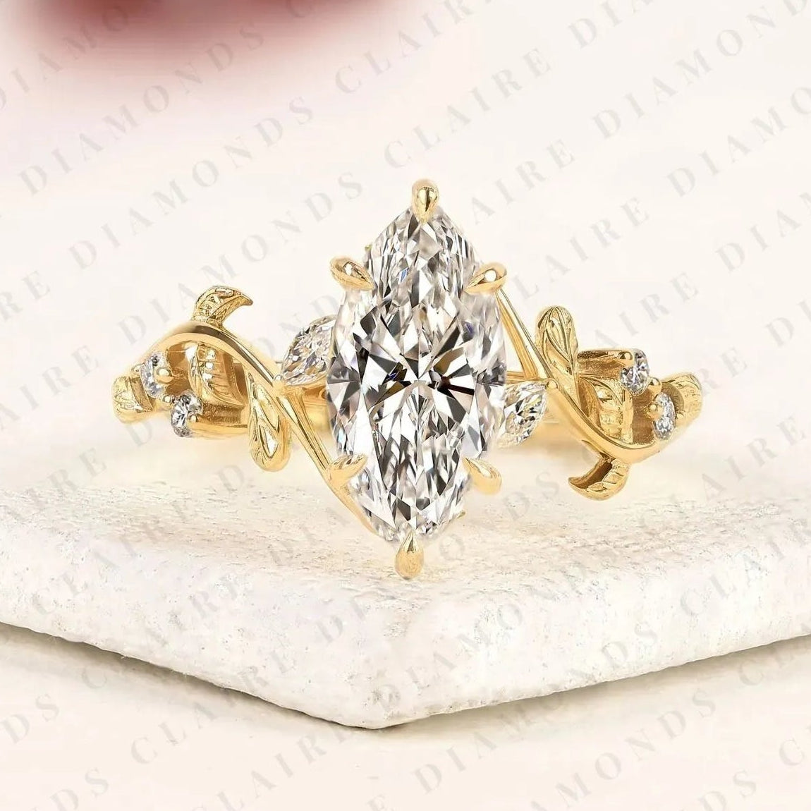 nature inspired marquise cut lab grown diamond engagement ring | vintage leaf vine ring