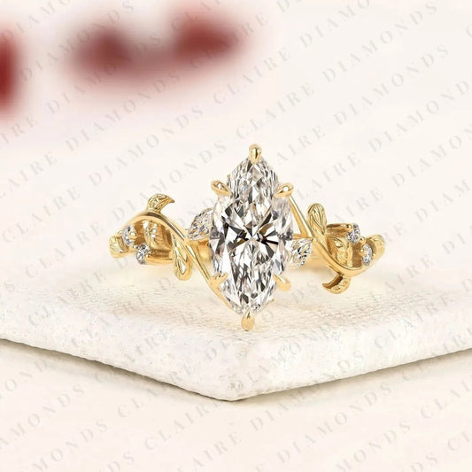 Nature Inspired Marquise Cut Moissanite Diamond Engagement Ring | Vintage Leaf Vine Ring