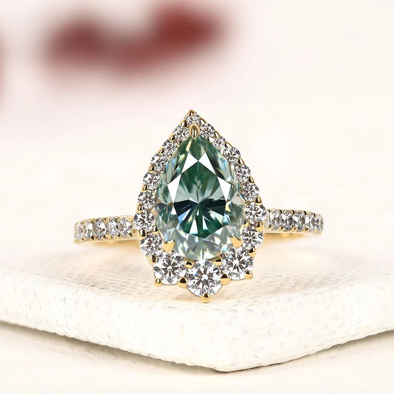 blue pear cut moissanite diamond halo engagement ring vintage inspired pave bridal ring unique anniversary ring for women