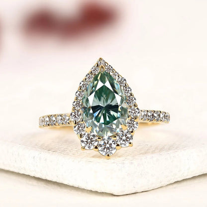 Blue Pear Cut Moissanite Diamond Halo Engagement Ring Vintage Inspired Pave Bridal Ring Unique Anniversary Ring for Women
