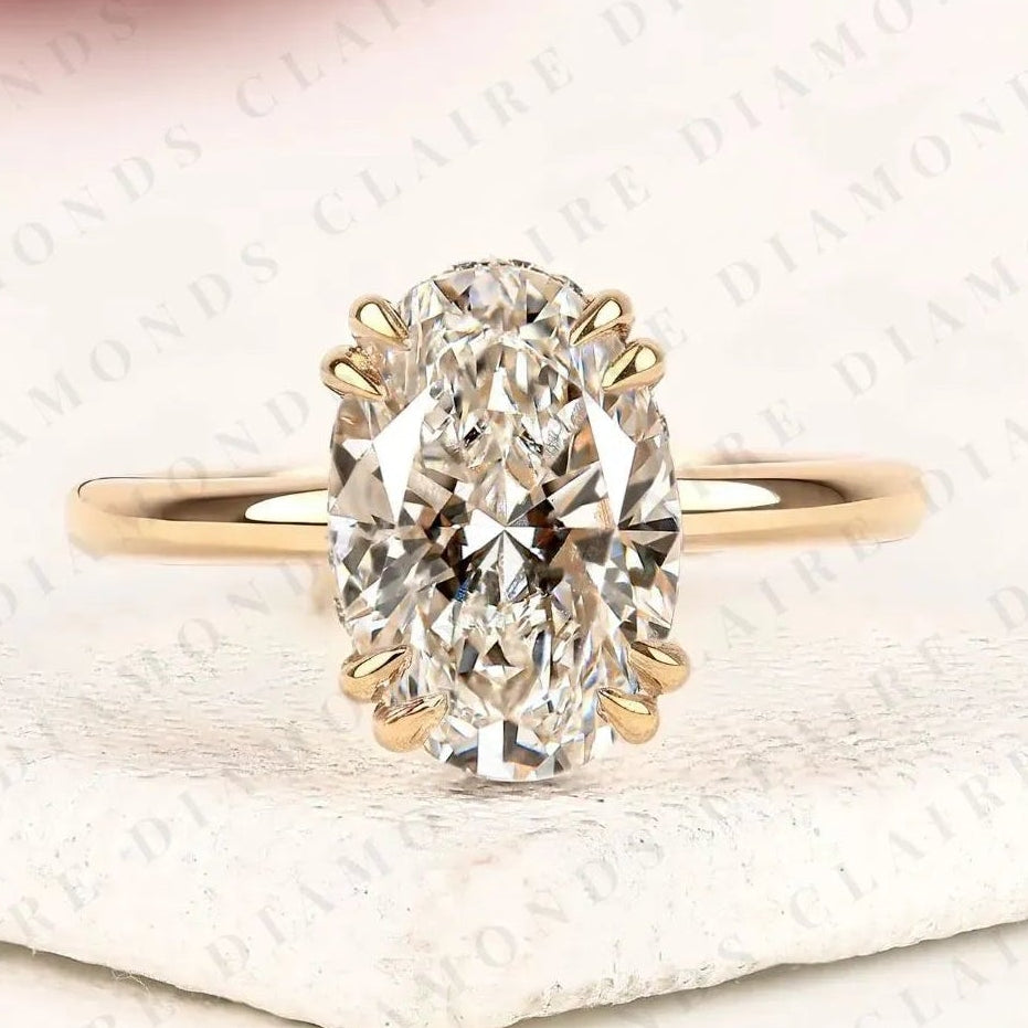 personalized custom initial oval moissanite diamond ring with hidden halo setting