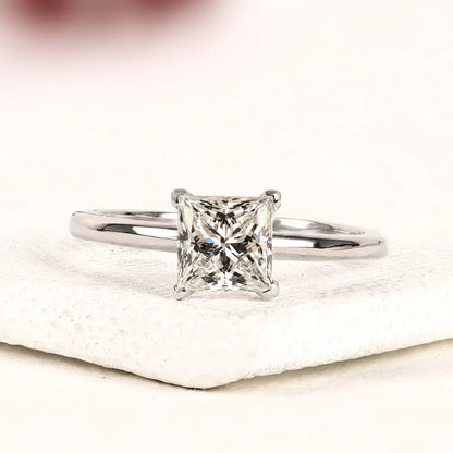 Princess Cut Lab Grown Diamond Solitaire Engagement Ring, Classic Four Prong White Gold Ring, Minimalist Proposal Ring