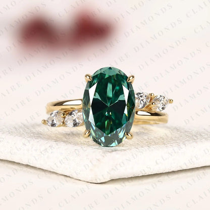 Green Oval Cut Lab Grown Diamond Ring with Marquise Side Stones, Nature Inspired Gold Engagement Ring for Women