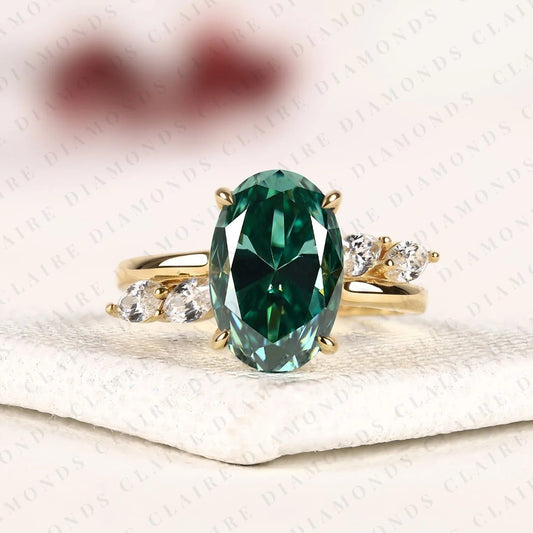 Green Oval Cut Lab Grown Diamond Ring with Marquise Side Stones, Nature Inspired Gold Engagement Ring for Women