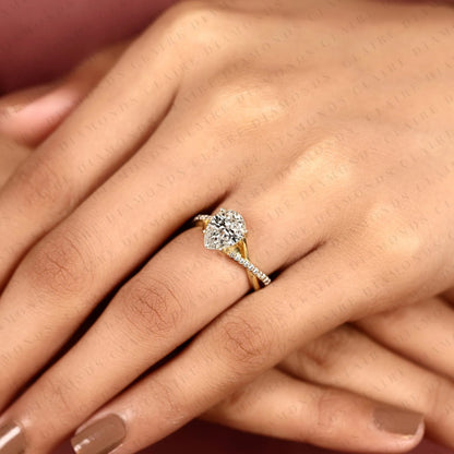 Pear Cut Lab Grown Diamond Engagement Ring | Yellow Gold Split Shank Pavé Ring | Modern Elegant Bridal Jewelry | Unique Solitaire Engagement Ring