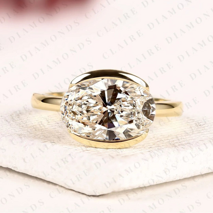 Oval Cut Lab Grown Diamond Hidden Halo Ring Engagement Ring, Yellow Gold, East West Ring, Half Bezel Solitaire Wedding Ring