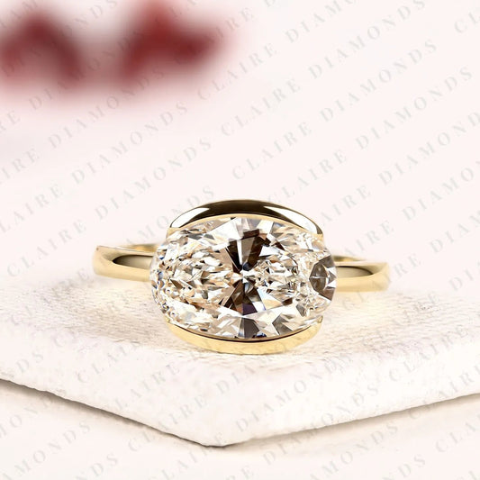 Oval Cut Moissanite Diamond Hidden Halo Engagement Ring, Yellow Gold, East West Ring, Half Bezel Solitaire Wedding Ring