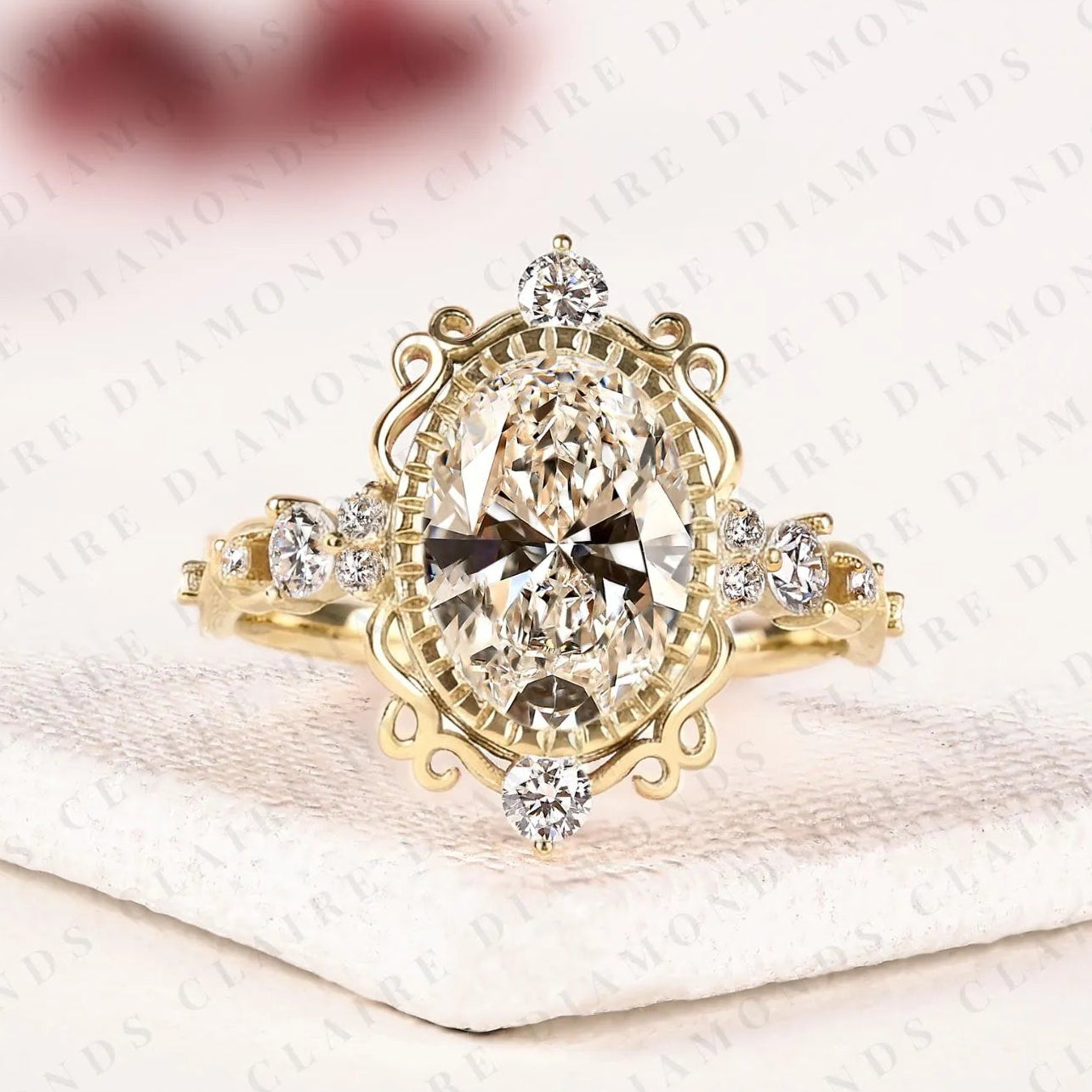 oval lab grown diamond engagement ring, vintage style gold wedding ring, art deco ring, unique anniversary ring for women