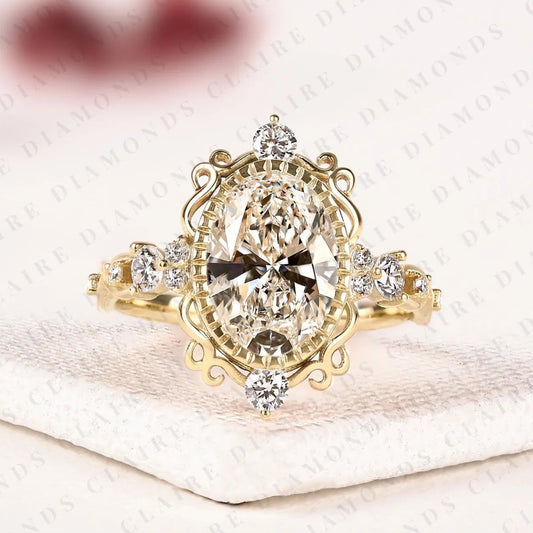 Oval Lab Grown Diamond Engagement Ring, Vintage Style Gold Wedding Ring, Art Deco Ring, Unique Anniversary Ring for Women