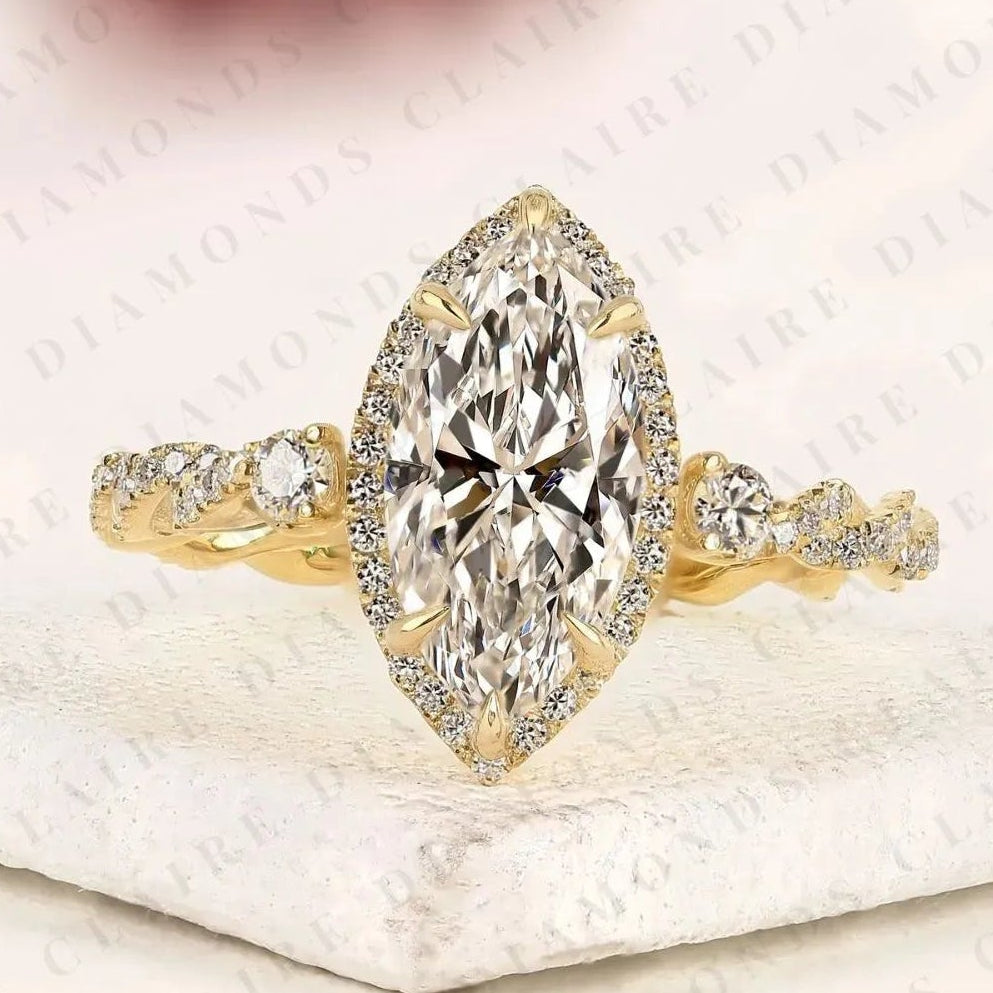 marquise cut lab grown diamond halo engagement ring twisted pavé diamond band ring vintage inspired bridal ring for women