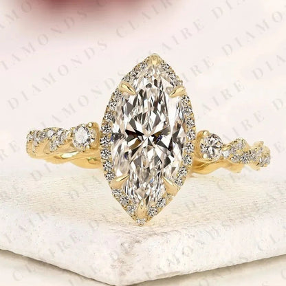 Marquise Cut Lab Grown Diamond Halo Engagement Ring Twisted Pavé Diamond Band Ring Vintage Inspired Bridal Ring for Women