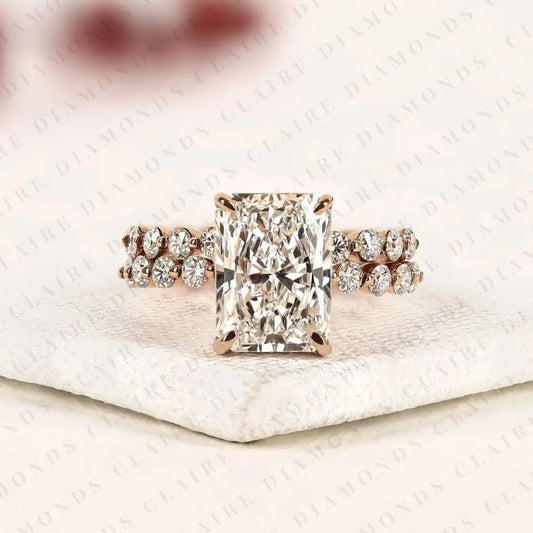 Radiant Cut Moissanite Diamond Engagement Ring Set with Pave Wedding Band in Rose Gold | Elegant Bridal Ring Set for Women