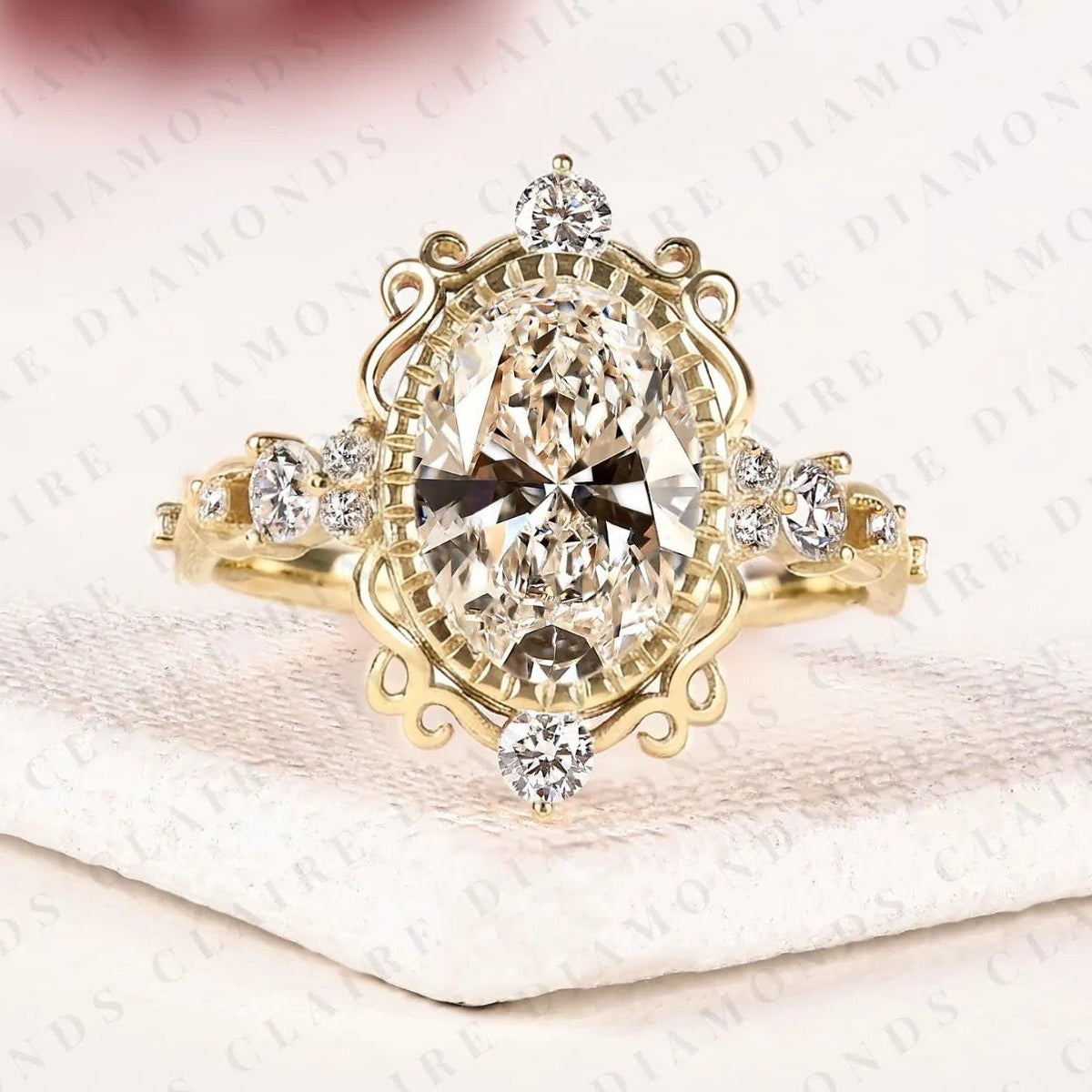 oval moissanite diamond engagement ring, vintage gold wedding ring, art deco ring, unique anniversary ring for women