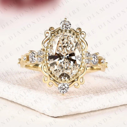 Oval Moissanite Diamond Engagement Ring, Vintage Gold Wedding Ring, Art Deco Ring, Unique Anniversary Ring for Women