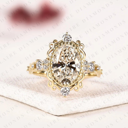 Oval Moissanite Diamond Engagement Ring, Vintage Gold Wedding Ring, Art Deco Ring, Unique Anniversary Ring for Women
