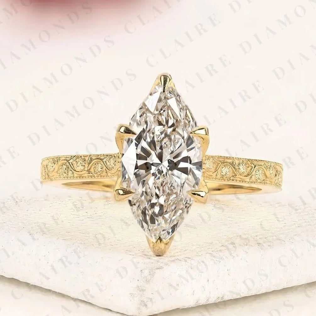 marquise cut moissanite diamond engagement ring, vintage engraved gold solitaire ring, unique bridal jewelry