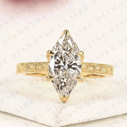 Marquise Cut Moissanite Diamond Engagement Ring, Vintage Engraved Gold Solitaire Ring, Unique Bridal Jewelry