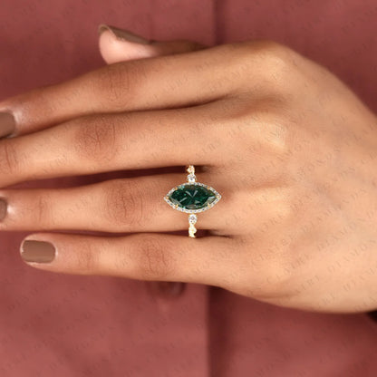 Marquise Cut Green Lab Grown Diamond Halo Engagement Ring | Twisted Vine Halo Yellow Gold Nature-Inspired Engagement Ring
