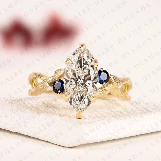 Marquise Lab Grown Diamond Ring, Nature Inspired Leaf Engagement Ring, Vintage Floral Ring, Sapphire Gold Promise Ring