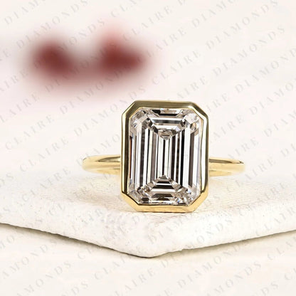 Emerald Cut Lab Grown Diamond Engagement Ring, Bezel Set Solitaire Ring, IGI Certified Diamond Ring, Minimalist Gold Wedding Ring