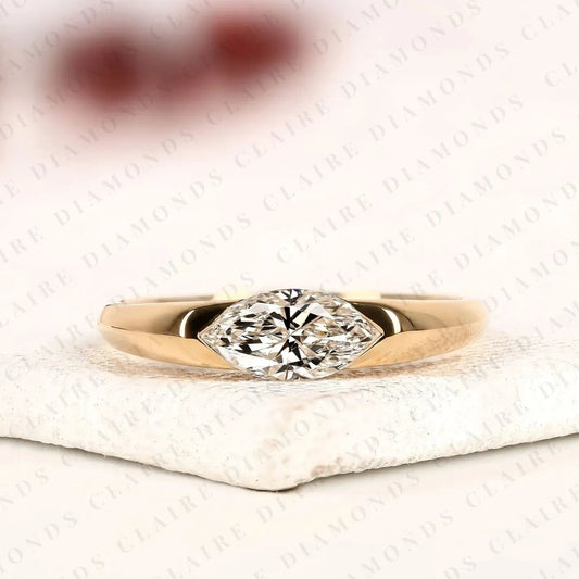 Minimalist Marquise Cut Solitaire Moissanite Diamond Engagement Ring in Yellow Gold | Modern Bezel-Inspired Promise Ring for Women.