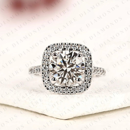 Round Cut Lab Grown Diamond Halo Engagement Ring in White Gold | Vintage Cushion Halo Wedding Ring | Pave Anniversary Ring for Women