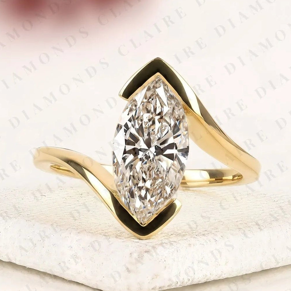 elegant marquise cut lab grown diamond bypass engagement ring in 14k yellow gold modern solitaire bridal ring