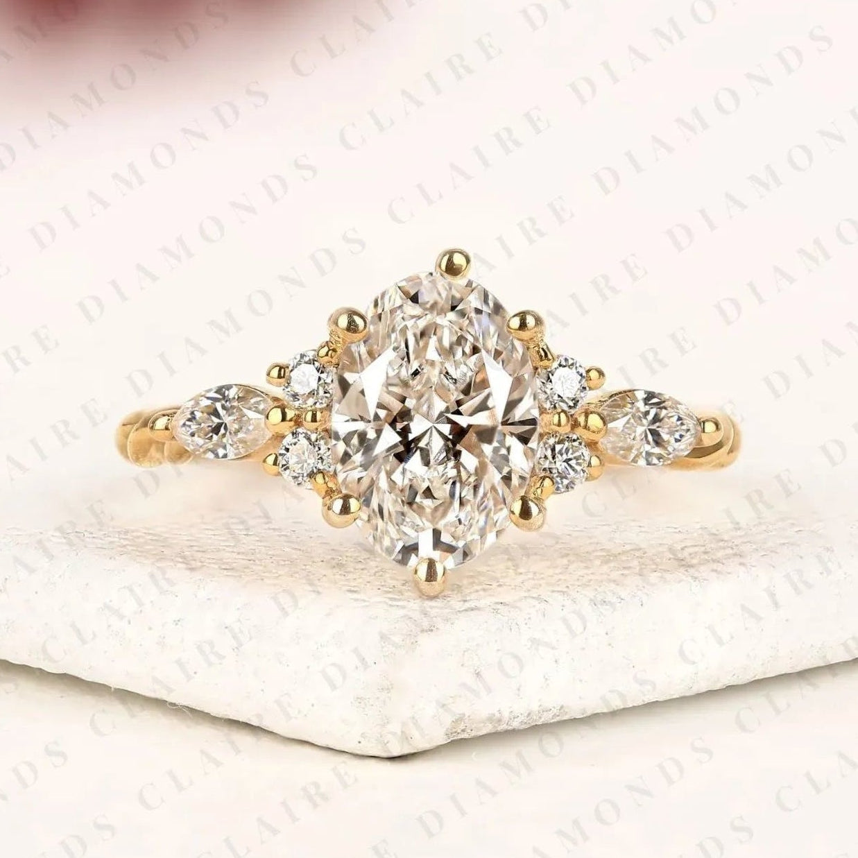 nature inspired moissanite oval diamond cluster engagement ring with twisted band