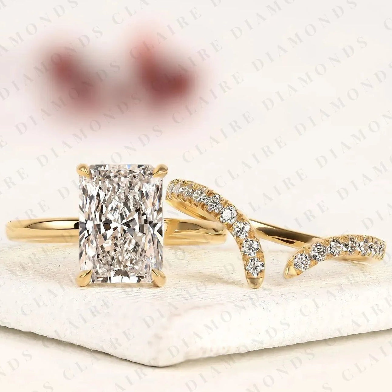 radiant cut moissanite diamond bridal ring set | matching chevron wedding band engagement ring