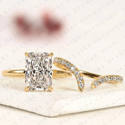 Radiant Cut Moissanite Diamond Bridal Ring Set | Matching Chevron Wedding Band Engagement Ring