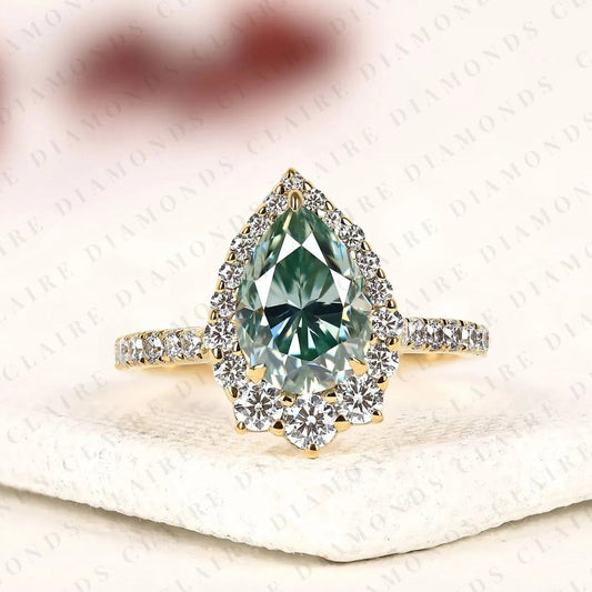 Blue Pear Cut Moissanite Diamond Halo Engagement Ring Vintage Inspired Pave Bridal Ring Unique Anniversary Ring for Women