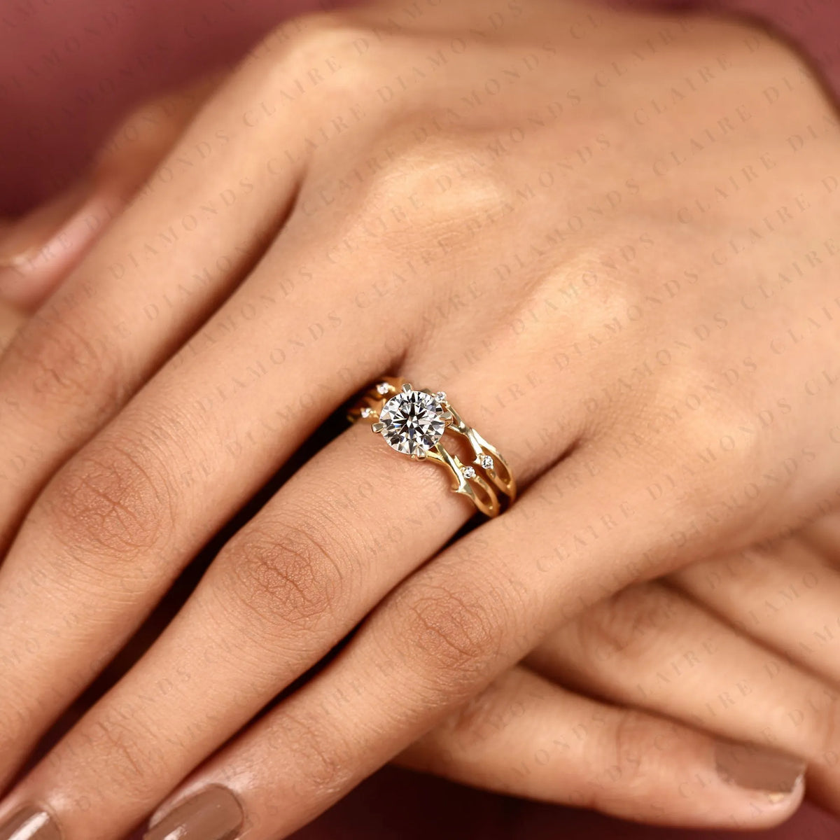 round cut lab grown diamond bridal ring set | yellow gold botanical vine band | nature inspired floral bridal ring | unique modern wedding jewelry