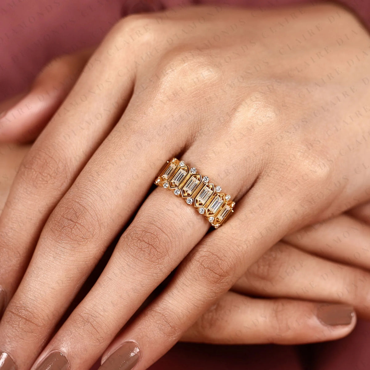 emerald cut lab grown diamond eternity band | vintage-inspired geometric gold wedding band | eternity anniversary band