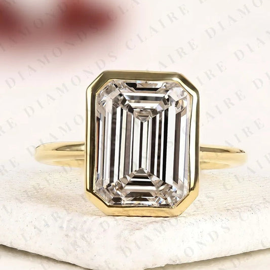 Emerald Cut Moissanite Diamond Engagement Ring, Bezel Set Solitaire Ring, IGI Certified Diamond Ring, Minimalist Gold Wedding Ring