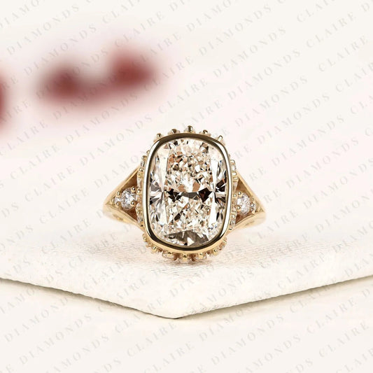 Vintage Elongated Cushion Cut Lab Grown Diamond Engagement Ring | Milgrain Bezel Set Statement Ring | Unique Gold Anniversary Ring for Women