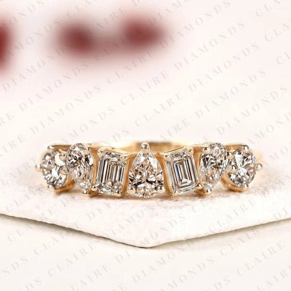 1.45 TCW Round, Emerald & Pear Cut Lab Grown Diamond Half Eternity Wedding Band | Mixed Shape Diamond Statement Ring | Modern Yellow Gold Bridal Jewelry